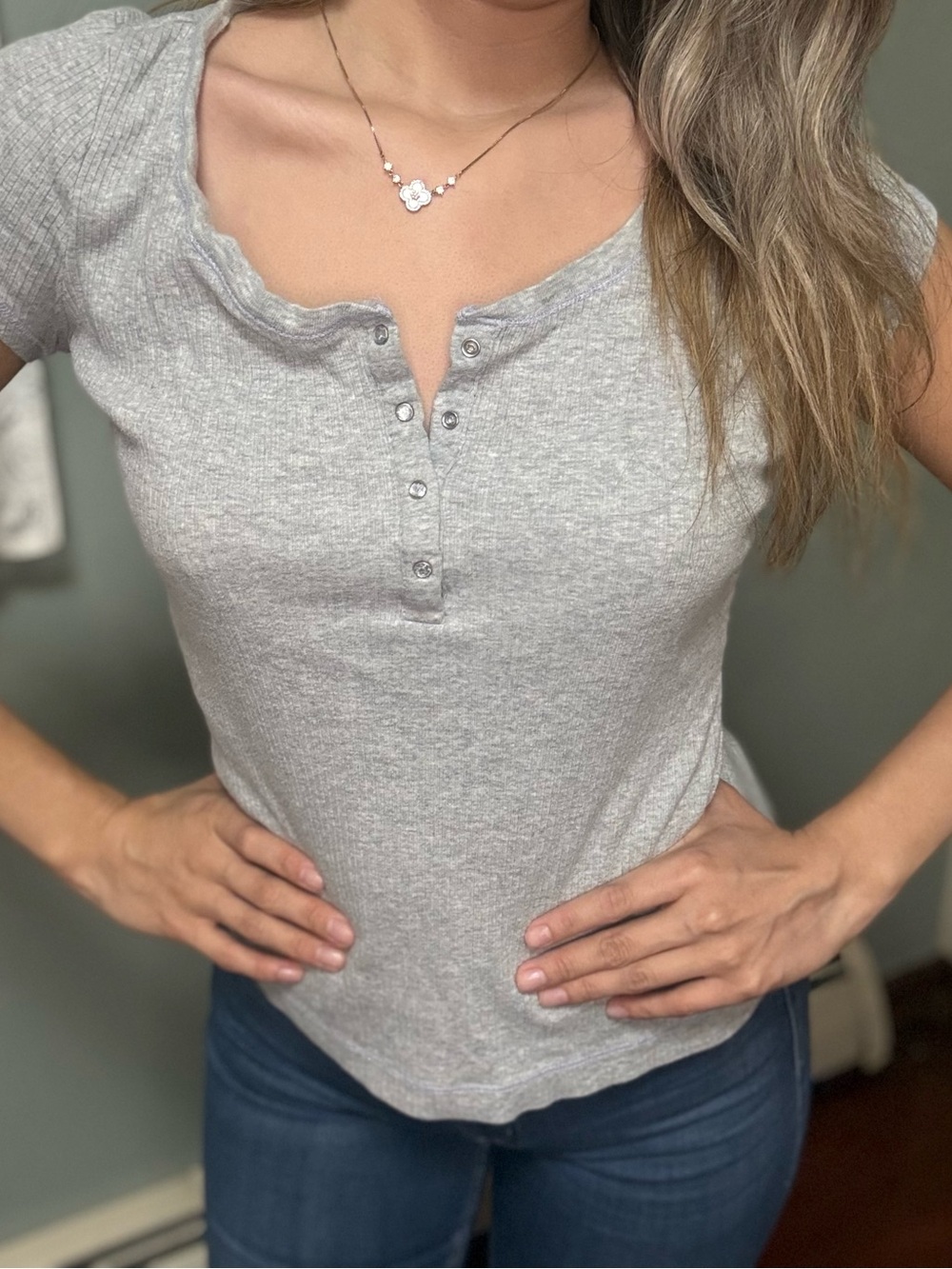 Y2K Light Gray Henley Short-Sleeve Top